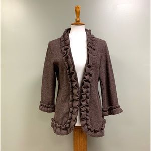 VTG Susan Bristol Brown Wool 3/4 Sleeve Ruffle Collar V-neck Cardigan Sweater LG
